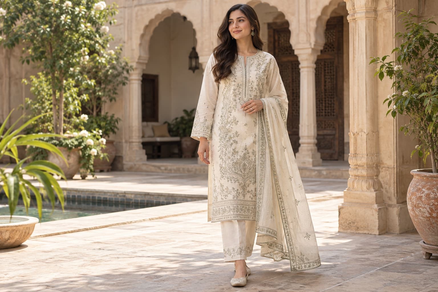 An ivory embroidered kurta with straight trousers and a dupatta.